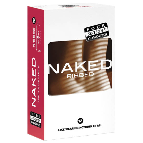 Four Seasons Naked Ribbed - Ultra Thin Ribbed & Lubed Condoms - 12 Pack packaging with ribbed texture design.
