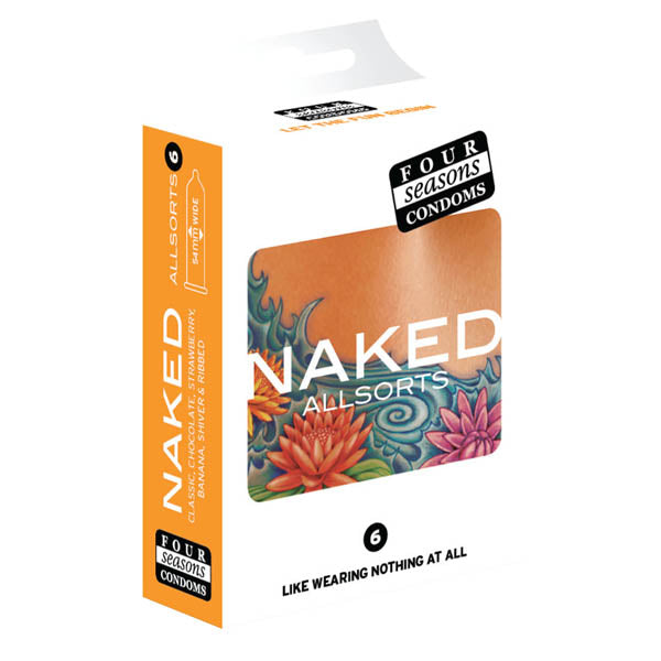 Four Seasons Naked Allsorts - Ultra Thin Lubed Condoms in 6 Styles - 6 Pack packaging with vibrant design and floral graphics.