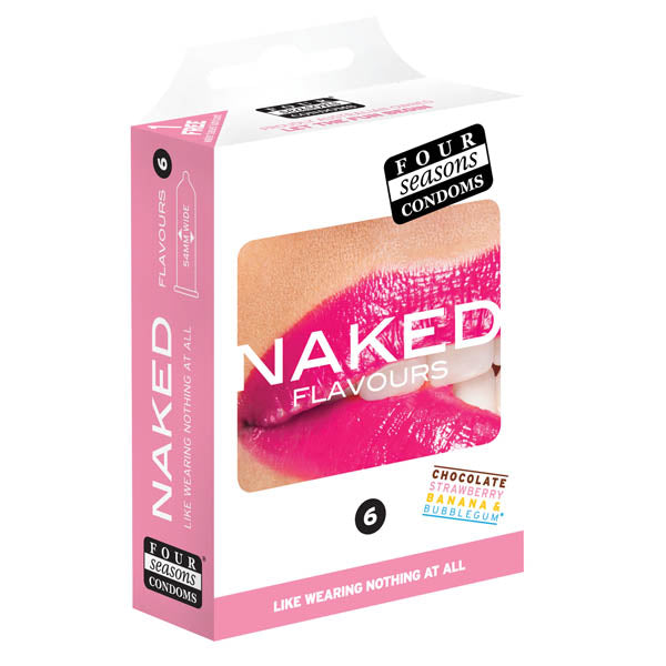 Four Seasons Naked Flavours - Ultra Thin Flavoured Condoms - 6 Pack with chocolate, strawberry, banana, and bubblegum.