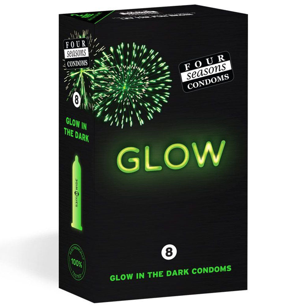Four Seasons Glow N' Dark Condoms - Glow In The Dark Lubricated Condoms - 8 Pack packaging with vibrant fireworks design.