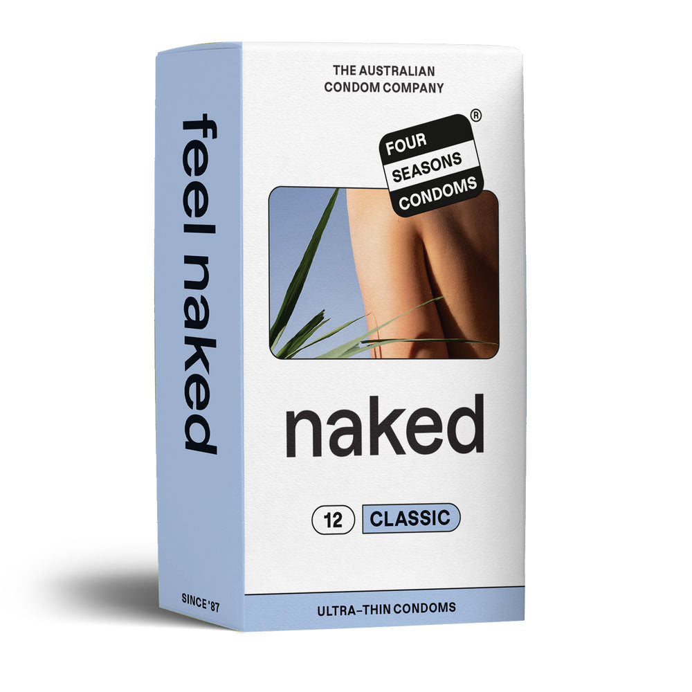 Four Seasons Naked Classic Condoms - Ultra Thin Lubricated Condoms - 12 Pack packaging with a sheer design and branding.