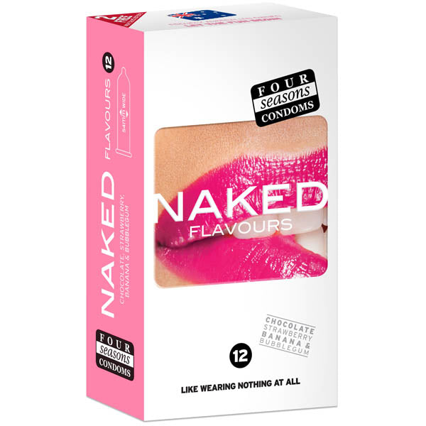 Four Seasons Naked Flavours - Ultra Thin Flavoured Condoms - 12 Pack packaging with vibrant colors and flavors.