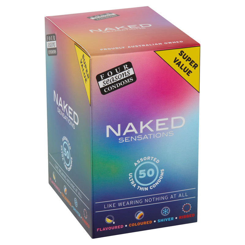 Four Seasons Naked Sensations Condoms - Assorted Ultra Thin Lubricated Condoms - 50 Pack in colorful packaging.
