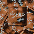 Large bulk condoms packaging featuring Four Seasons Naked Larger Condoms in a stylish design.