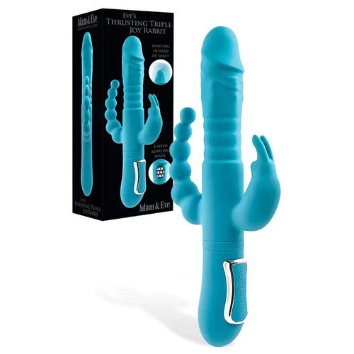 Adam & Eve THRUSTING TRIPLE JOY RABBIT - Teal 25.4 cm USB Rechargeable Rabbit Vibrator with Anal Probe Adam & Eve Discreet Intimate Essentials.
