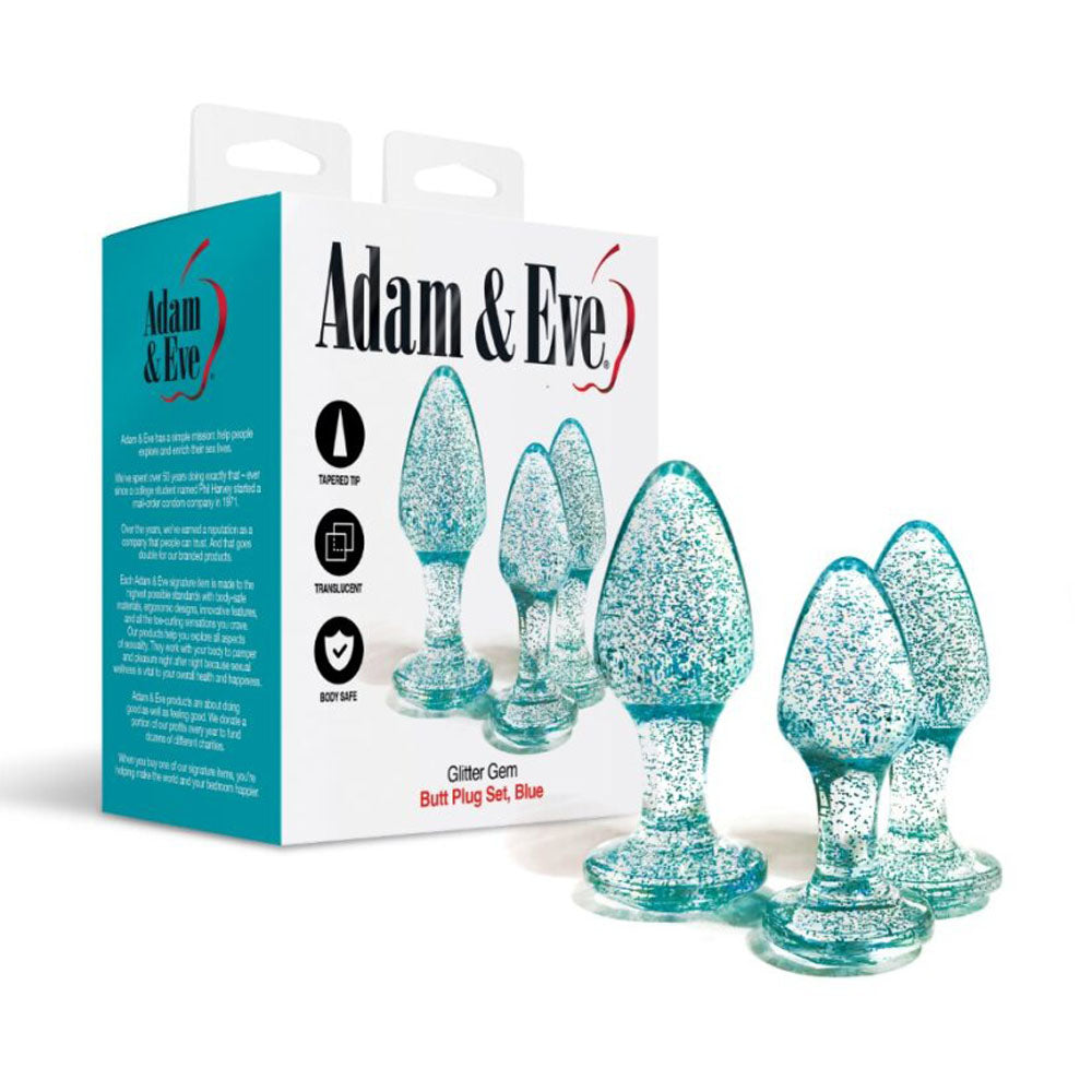 Adam & Eve Glitter Gem 3-Piece Butt Plug Set -  - Glitter  Butt Plugs - Set of 3 Sizes with packaging and plugs displayed.