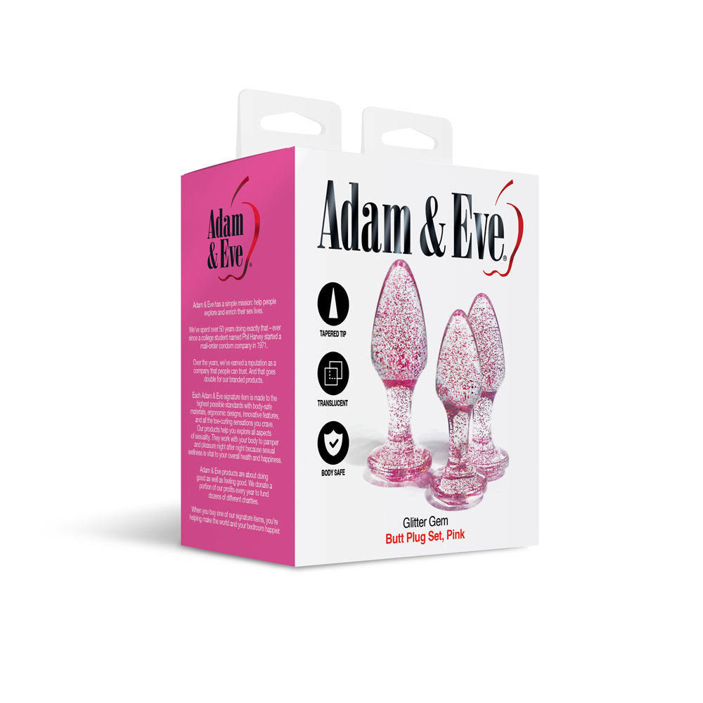 Adam & Eve Glitter Gem 3-Piece Butt Plug Set -  - Glitter  Butt Plugs - Set of 3 Sizes packaging display.