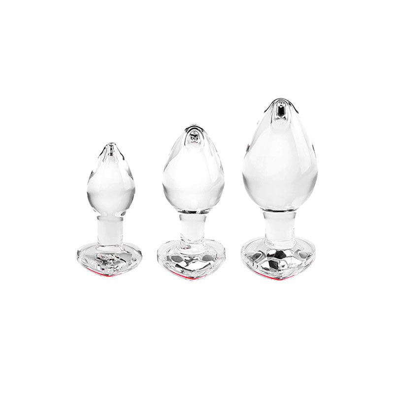 Adam & Eve RED HEART GEM GLASS PLUG SET -  Glass Butt Plugs - Set of 3 Sizes with heart-shaped bases