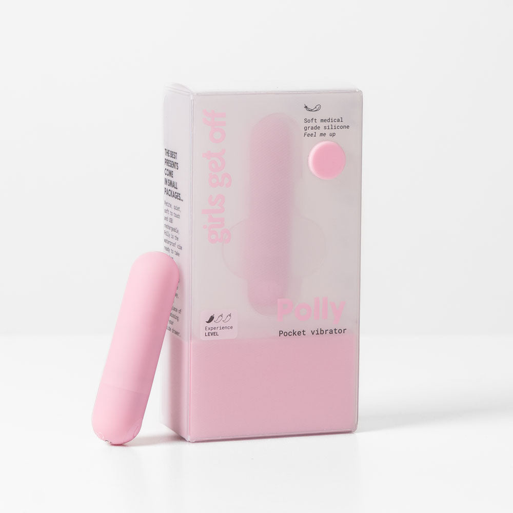 Girls Get Off - Polly - 6.3 cm USB Rechargeable Bullet with pink packaging and soft silicone vibrator.
