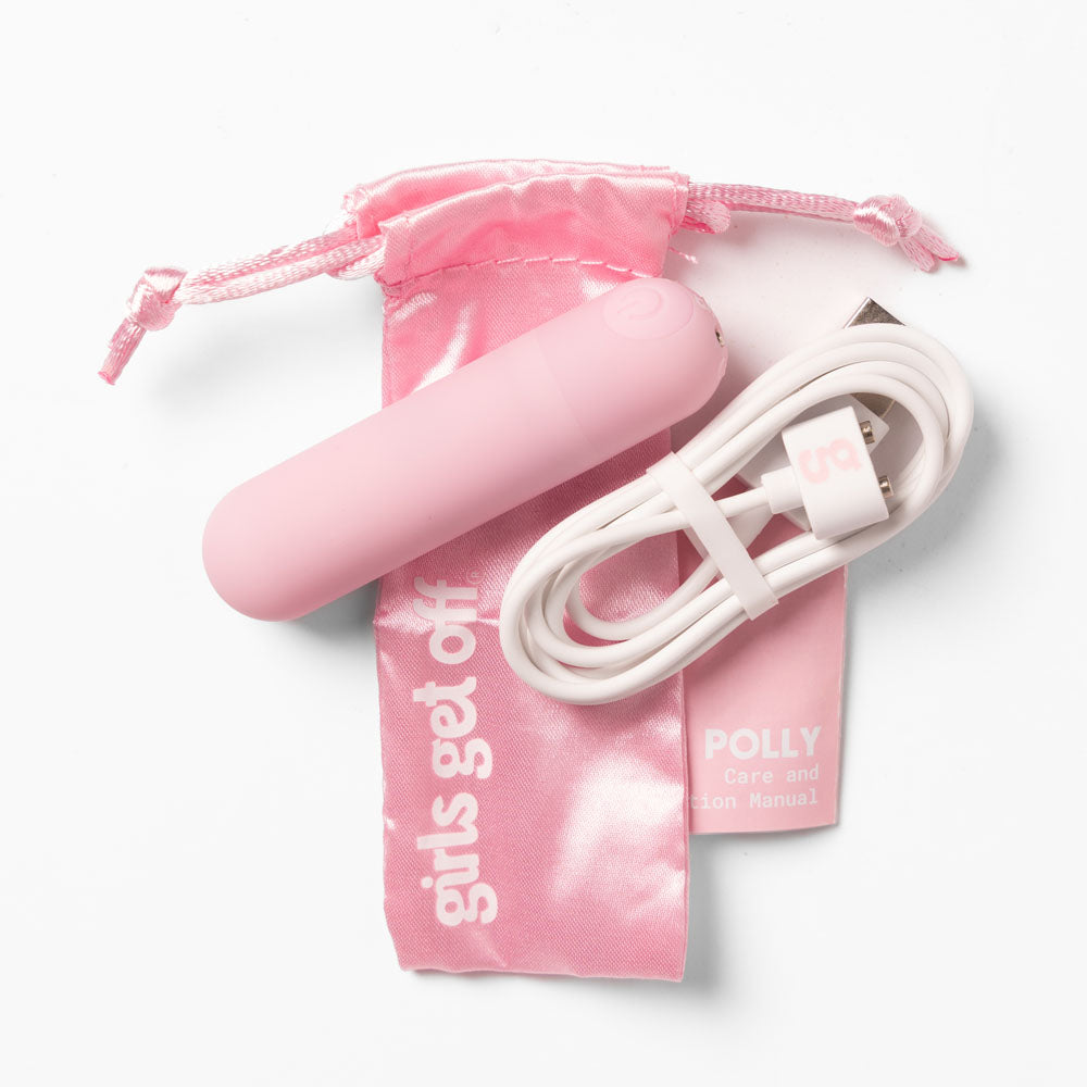 Girls Get Off - Polly -  6.3 cm USB Rechargeable Bullet with charging cable and packaging.