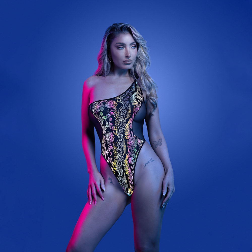 GLOW Luminescent Flash Teddy ML -  Reflective Teddy - M/L Size, one-shoulder floral print teddy in vibrant lighting.