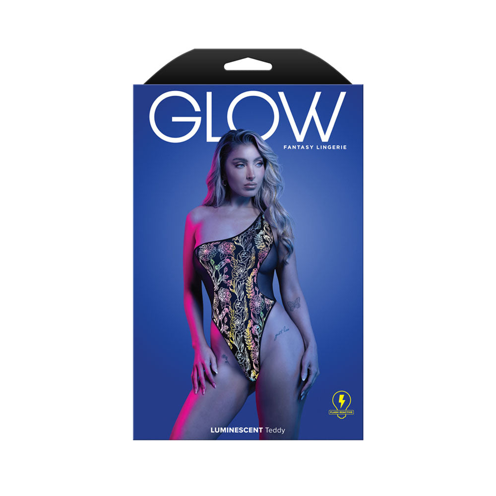 GLOW Luminescent Flash Teddy SM -  Reflective Teddy - S/M Size packaging photo showcasing floral print one-shoulder design.