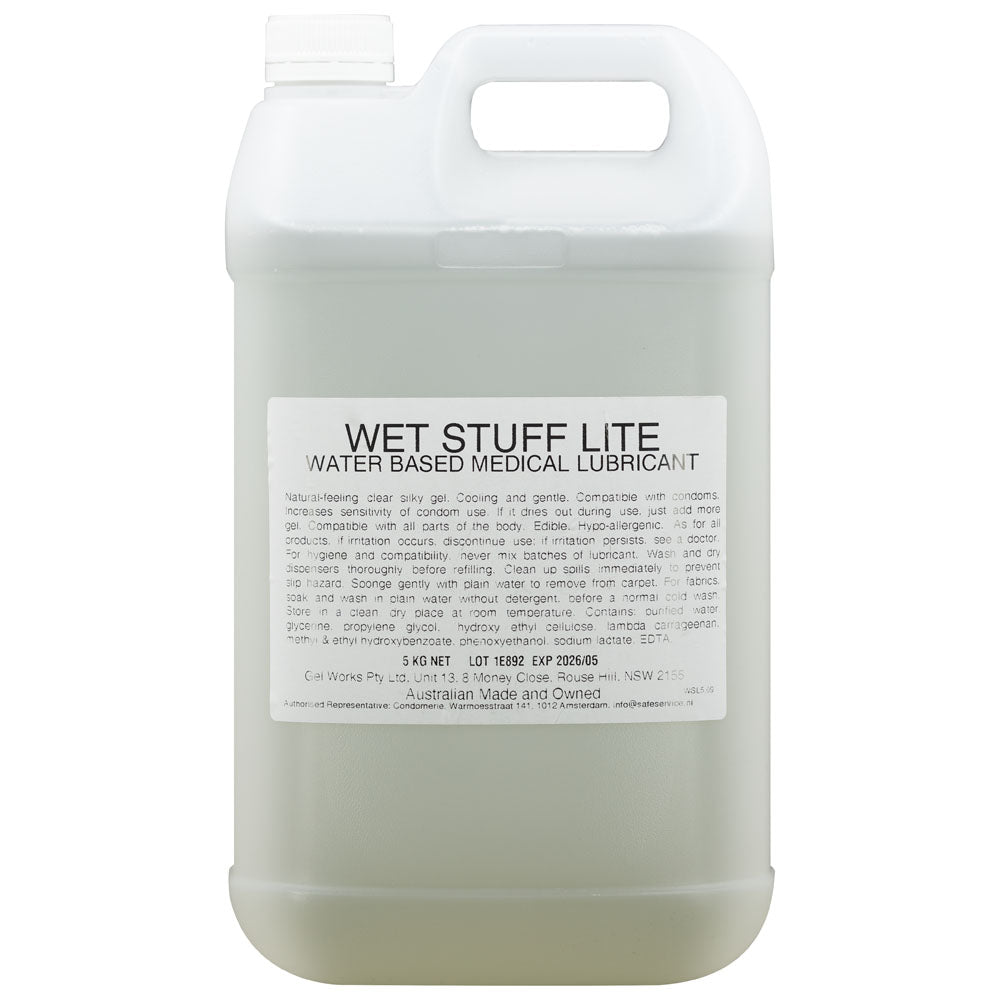 Wet Stuff Lite - 5kg Bottle - Water Based Lubricant - 5 kg Tube in clear container, essential for sensitive skin.