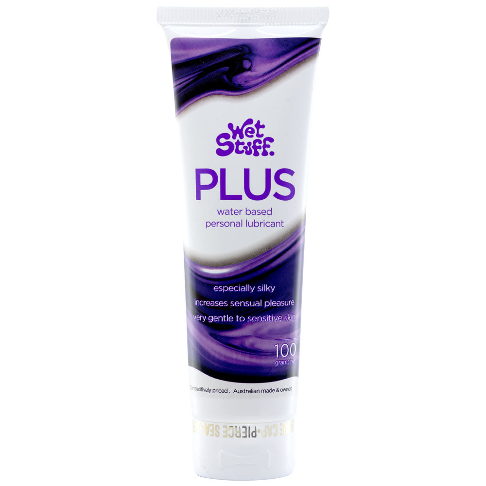 Wet Stuff Plus - 100g Tube - Water Based Lubricant - 100 grams Tube on a white background with details about silky texture.