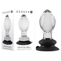 Gender X Crystal Ball - Glass 13.6 cm Butt Plug with Suction Base displayed next to its packaging.
