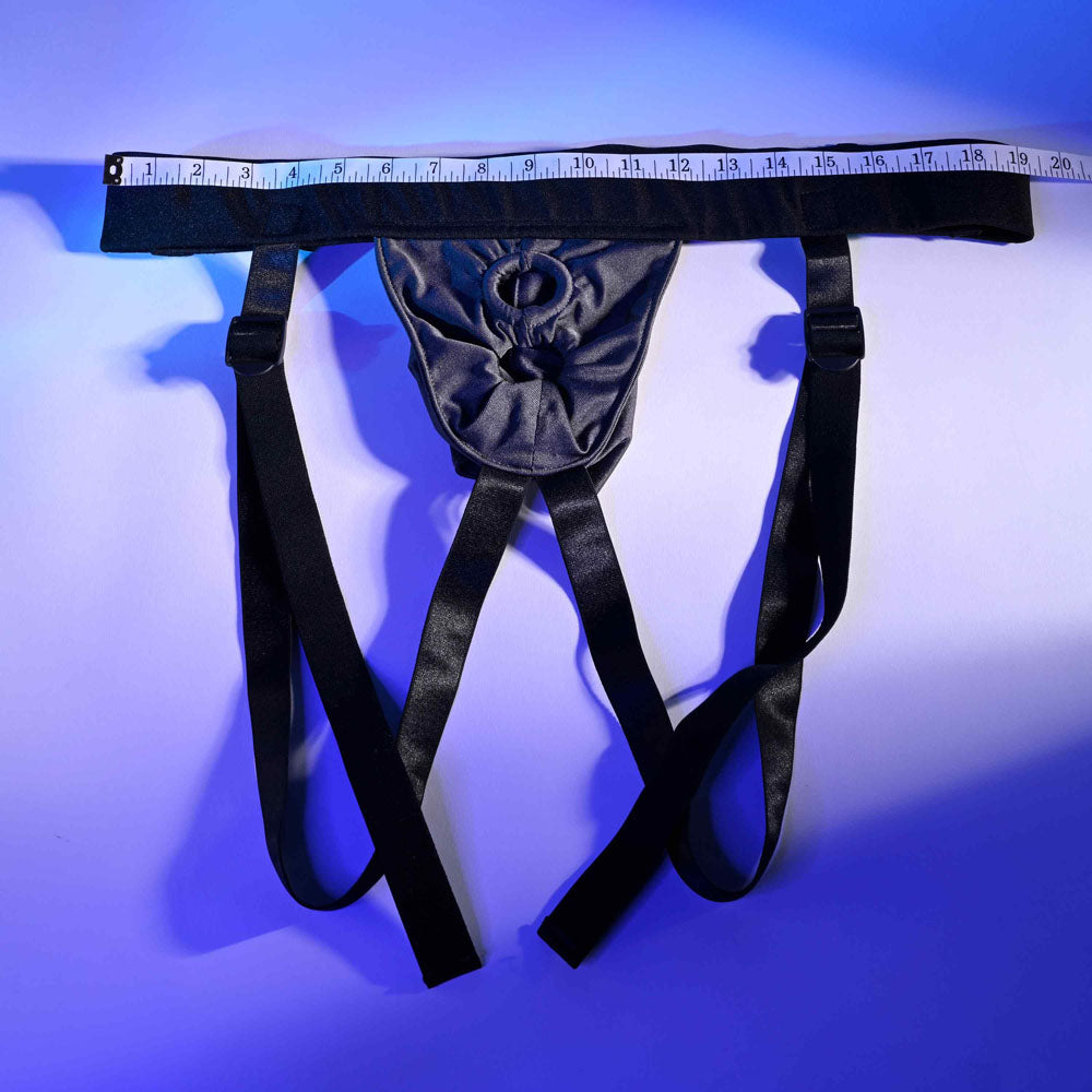 Gender X DOUBLE RIDER -  Adjustable Strap-On Harness (No Probe Included) with adjustable straps on a blue background.