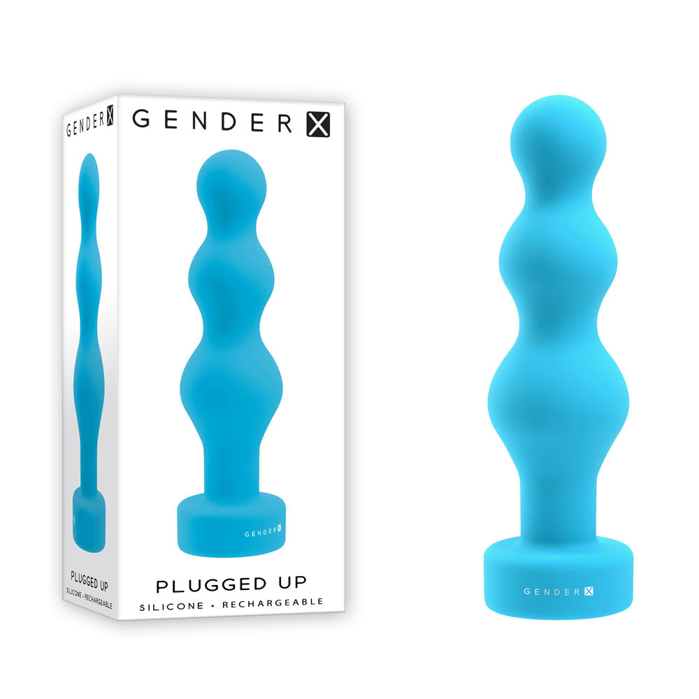 Gender X PLUGGED UP - 13.6 cm USB Rechargeable Butt Plug in blue silicone, featuring a sleek design and packaging.