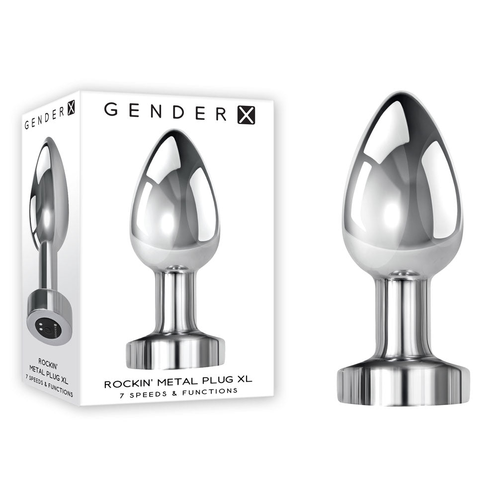 Gender X ROCKIN METAL PLUG XL - 10.5 cm USB Rechargeable Vibrating XL Butt Plug with packaging showing 7 speeds & functions.