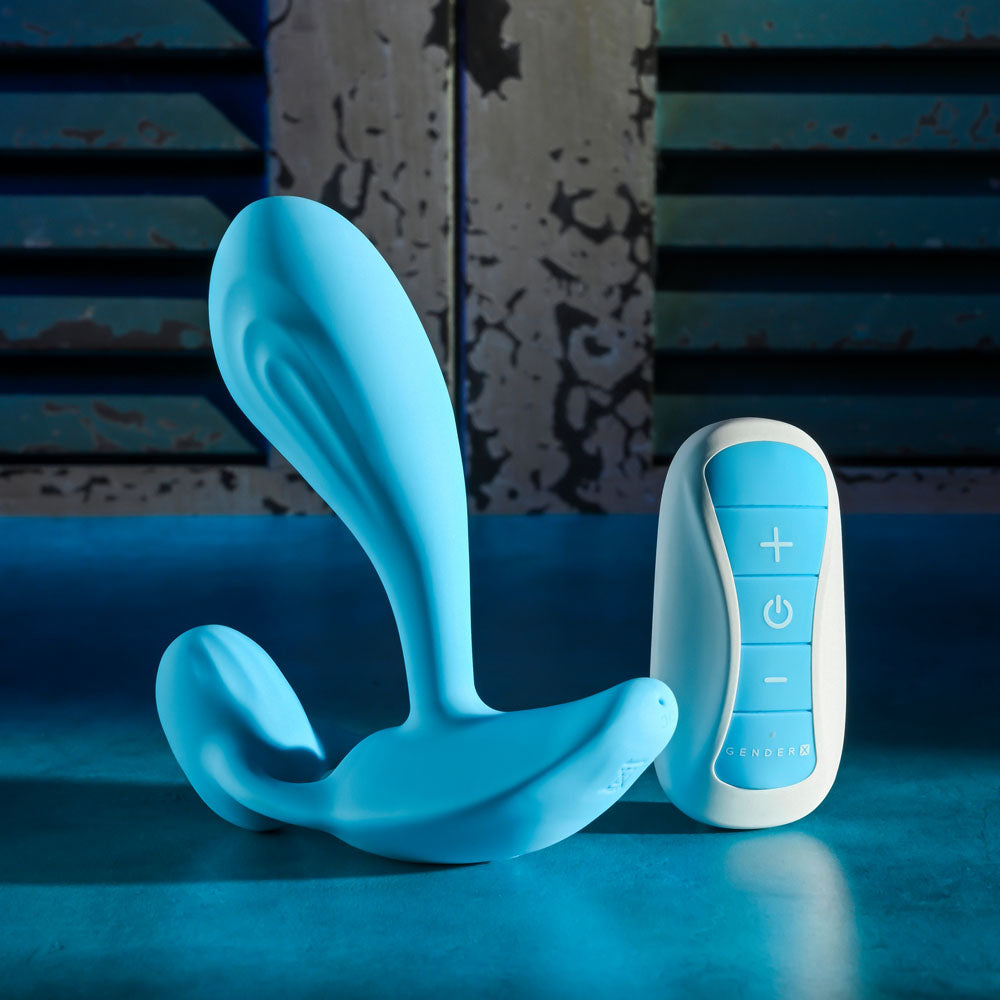 Gender X WEAR ME OUT - 11.1 cm USB Rechargeable Wearable Vibrator with Wireless Remote in blue color, displayed with remote.