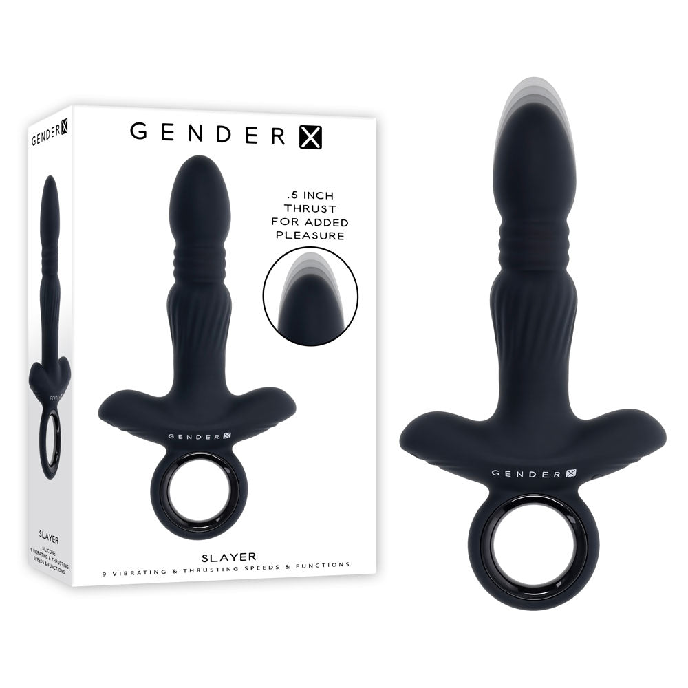 Gender X SLAYER rechargeable thrusting vibrating butt plug with box, 9 speeds & thrusting functions.