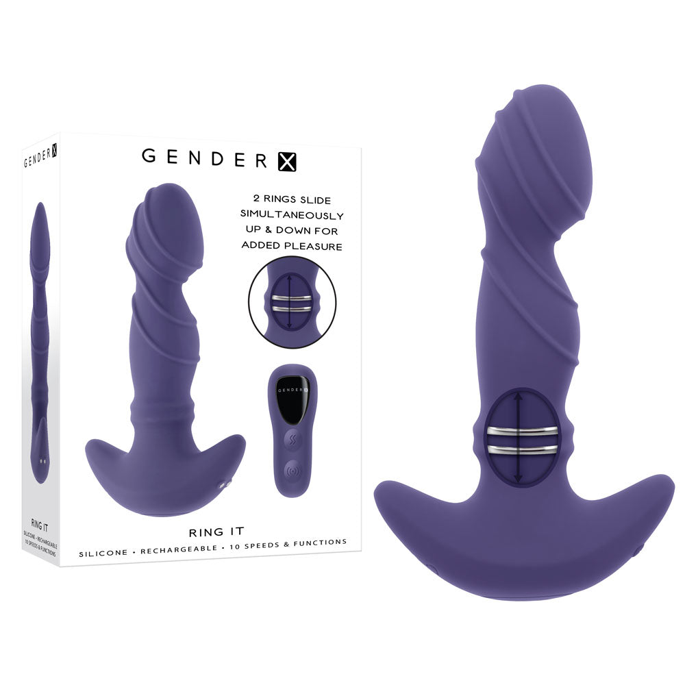 Gender X RING IT USB rechargeable vibrator with remote, featuring textured body and sliding rings for varied stimulation.