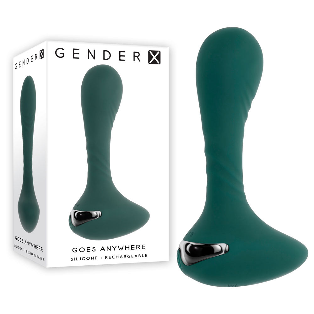Gender X GOES ANYWHERE - 12.4 cm USB Rechargeable Vibrator in silicone packaging, showcasing its ergonomic design and versatility.