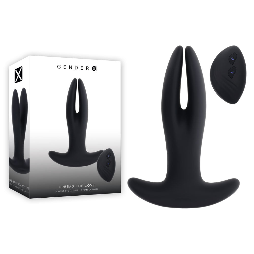 Gender X SPREAD THE LOVE -  USB Rechargeable Stretching Anal Plug with Wireless Remote with packaging and remote control.