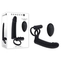 Gender X FULL SWING -  USB Rechargeable Vibrating Cock Ring with Double Penetrator Dildo in black packaging and device.