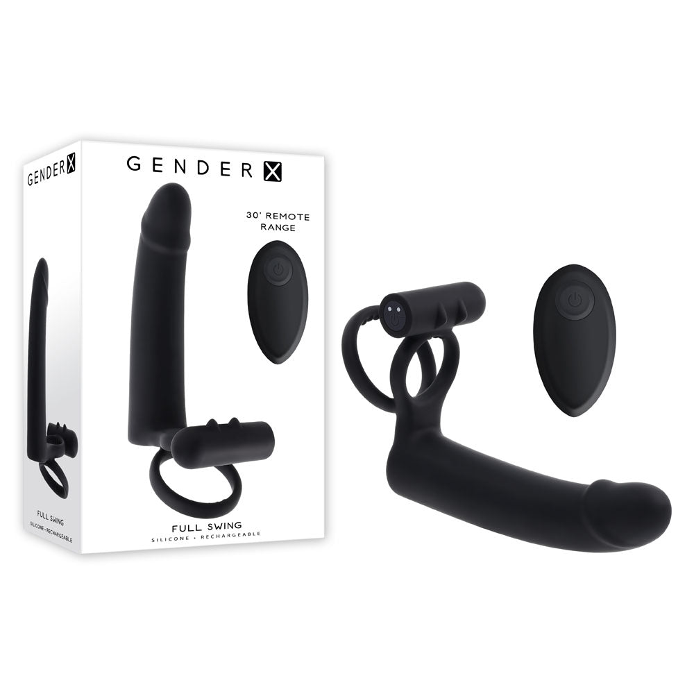 Gender X FULL SWING -  USB Rechargeable Vibrating Cock Ring with Double Penetrator Dildo in black packaging and device.