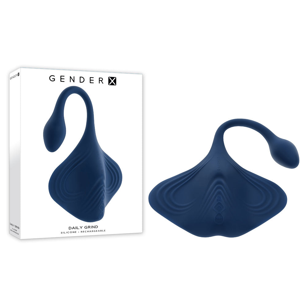 Gender X DAILY GRIND -  USB Rechargeable Grinding Pad with Anal Plug displayed in navy with packaging.