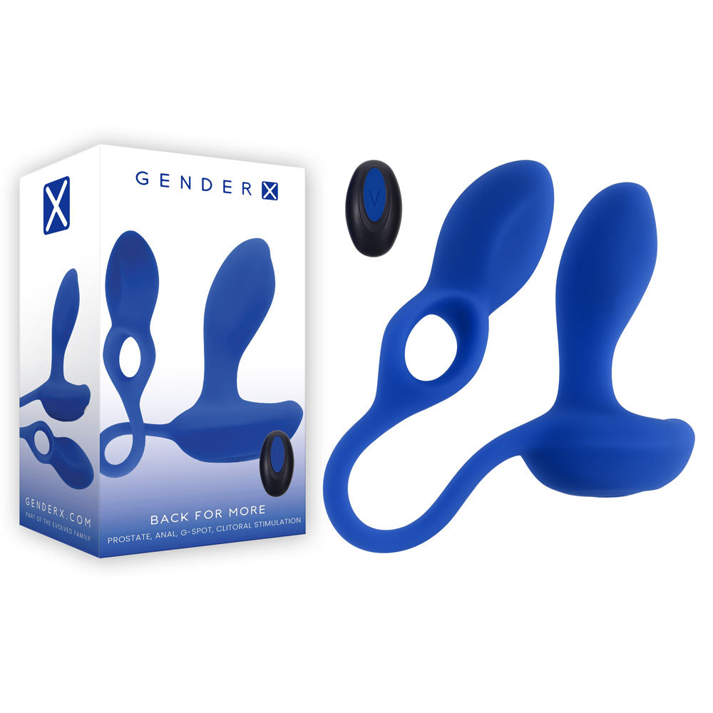 Gender X BACK FOR MORE - Dual USB Rechargeable Dual Stimulator with Wireless Remote, ideal for prostate and G-spot stimulation.