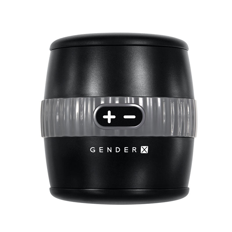 Gender X BARREL OF FUN - USB Rechargeable Stroker featuring a sleek black design with adjustable vibration controls.