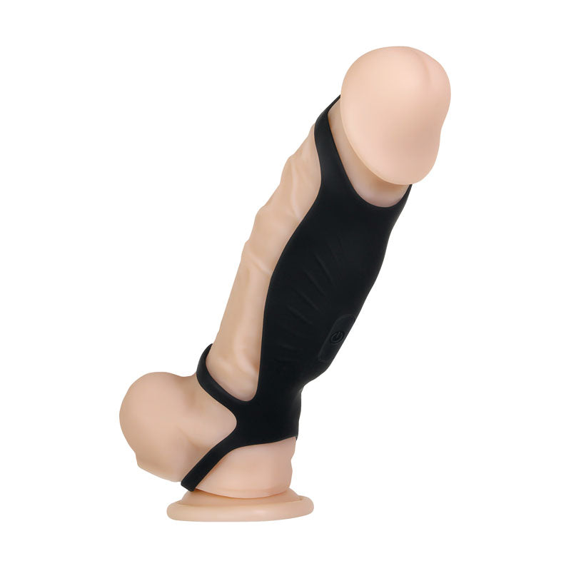 Gender X ROCKETEER -  USB Rechargeable Vibrating Penis Sleeve side view with harness for enhanced pleasure.