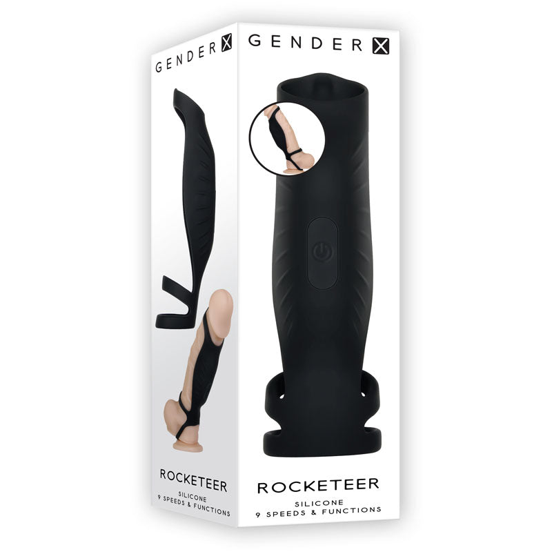 Gender X ROCKETEER - USB Rechargeable Vibrating Penis Sleeve with 9 speeds and functions in sleek packaging.