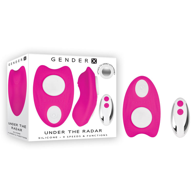 Gender X UNDER THE RADAR -  USB Rechargeable Panty Vibe in pink with remote, showcasing silicone design and packaging.