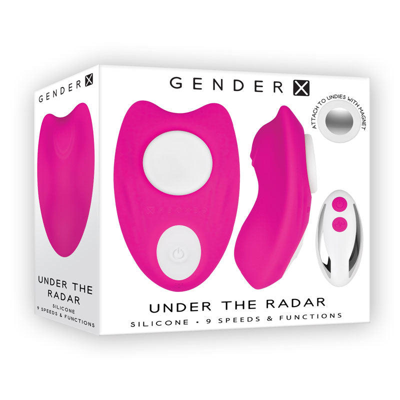 Gender X UNDER THE RADAR - USB Rechargeable Panty Vibe box with product and remote for intimate essentials.