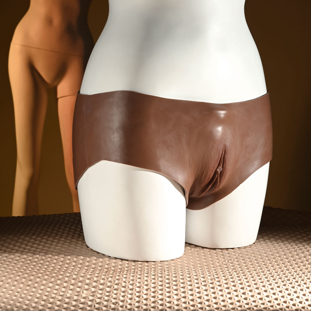 Gender X UNDERGARMENTS - BRIEFS - Dark -  Wearable Vagina Briefs displayed on a mannequin.