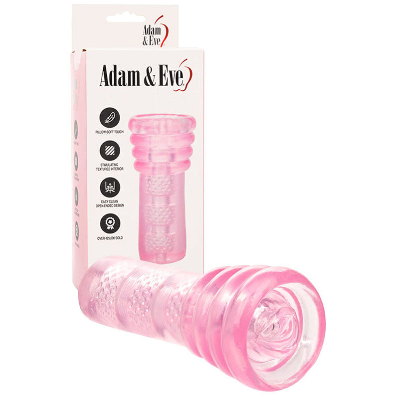 Adam & Eve SUPER HEAD HONCHO -  Oral Stroker in pink packaging showcasing its textured design and features.