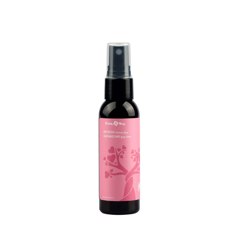 Hemp Seed REFRESH Intimate Spray - Intimate Cleansing Spray - 60 ml in a sleek black bottle with a pink label.