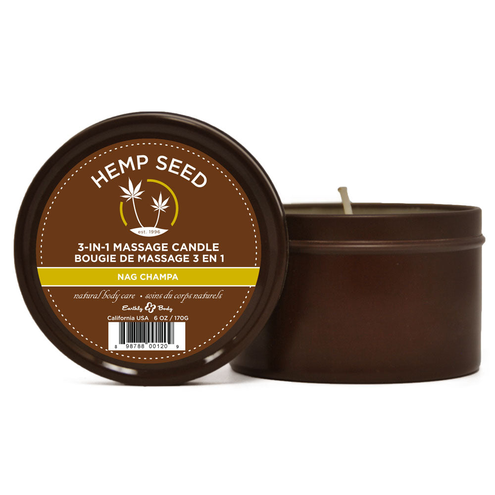 Hemp Seed 3-In-1 Massage Candle - Nag Champa scent, melts into massage oil for skin hydration.