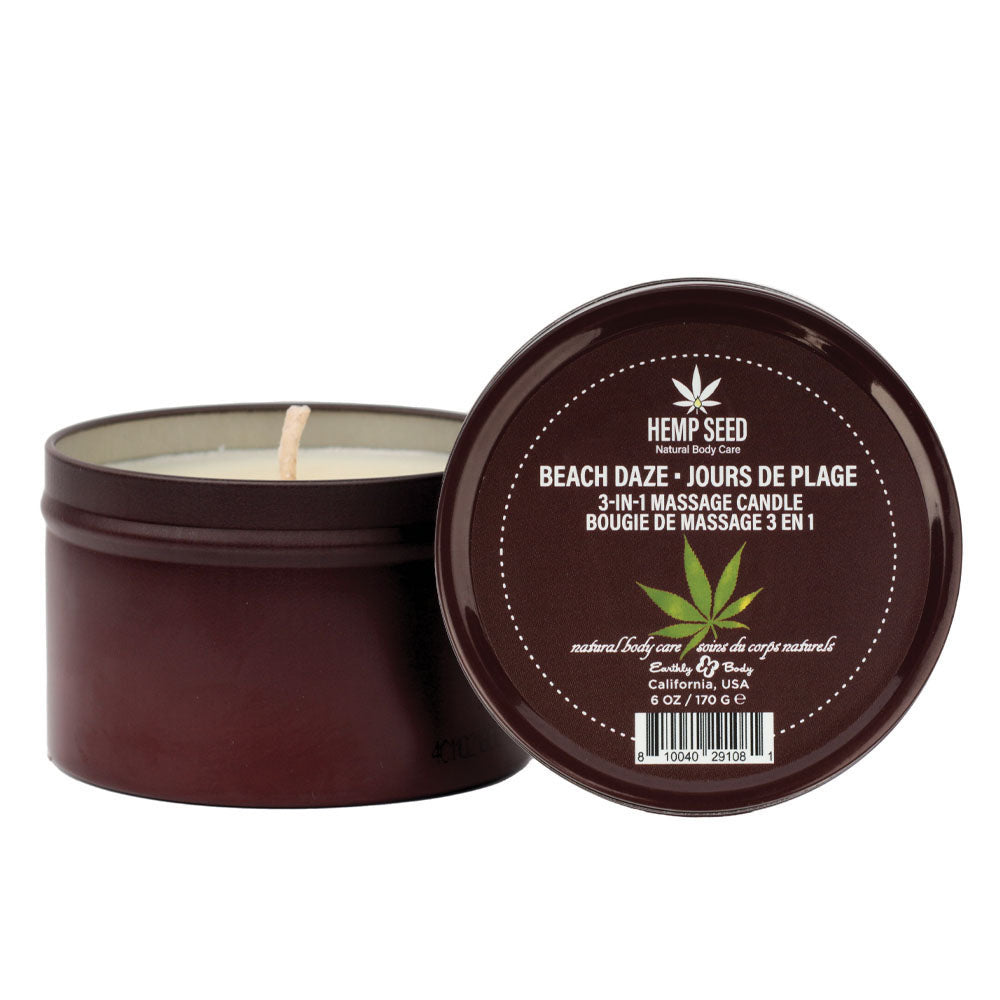 Hemp Seed 3-In-1 Massage Candle - Beach Daze (Coconut & Pineapple) Scented - 170 g in a brown tin.