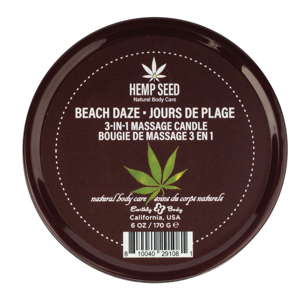 Hemp Seed 3-In-1 Massage Candle - Beach Daze (Coconut & Pineapple) Scented - 170 g in a round container.