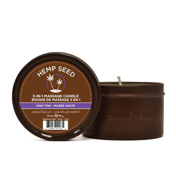 Hemp Seed 3-In-1 Massage Candle - High Tide (Coconut Lime Verbena) - 170 g in a brown container.