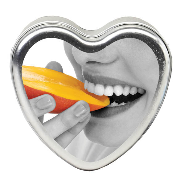 Edible Massage Candle - Tropical Mango Flavoured - 113 g in heart-shaped case with mango slice.