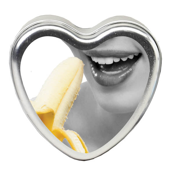 Edible Massage Candle - Tropical Banana Flavoured - 113 g in heart-shaped container with banana and smiling lips.