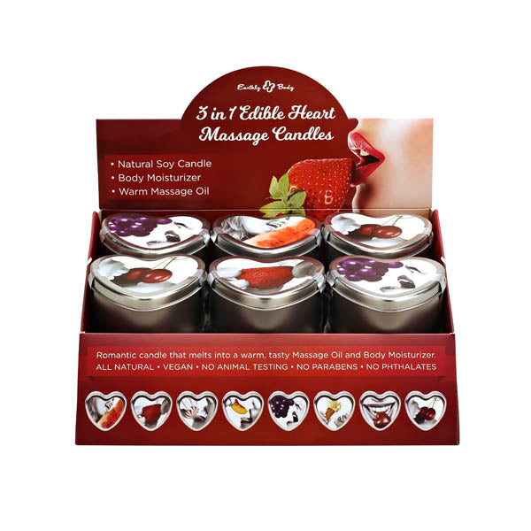3 in 1 Edible Heart Massage Candles display featuring natural soy and vegan ingredients.