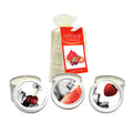 Edible Massage Candle Threesome - Cherry, Strawberry & Melon Flavoured Candles - 3 Pack displayed in elegant packaging.
