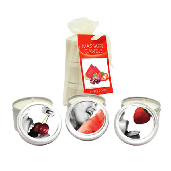 Edible Massage Candle Threesome - Cherry, Strawberry & Melon Flavoured Candles - 3 Pack displayed in elegant packaging.
