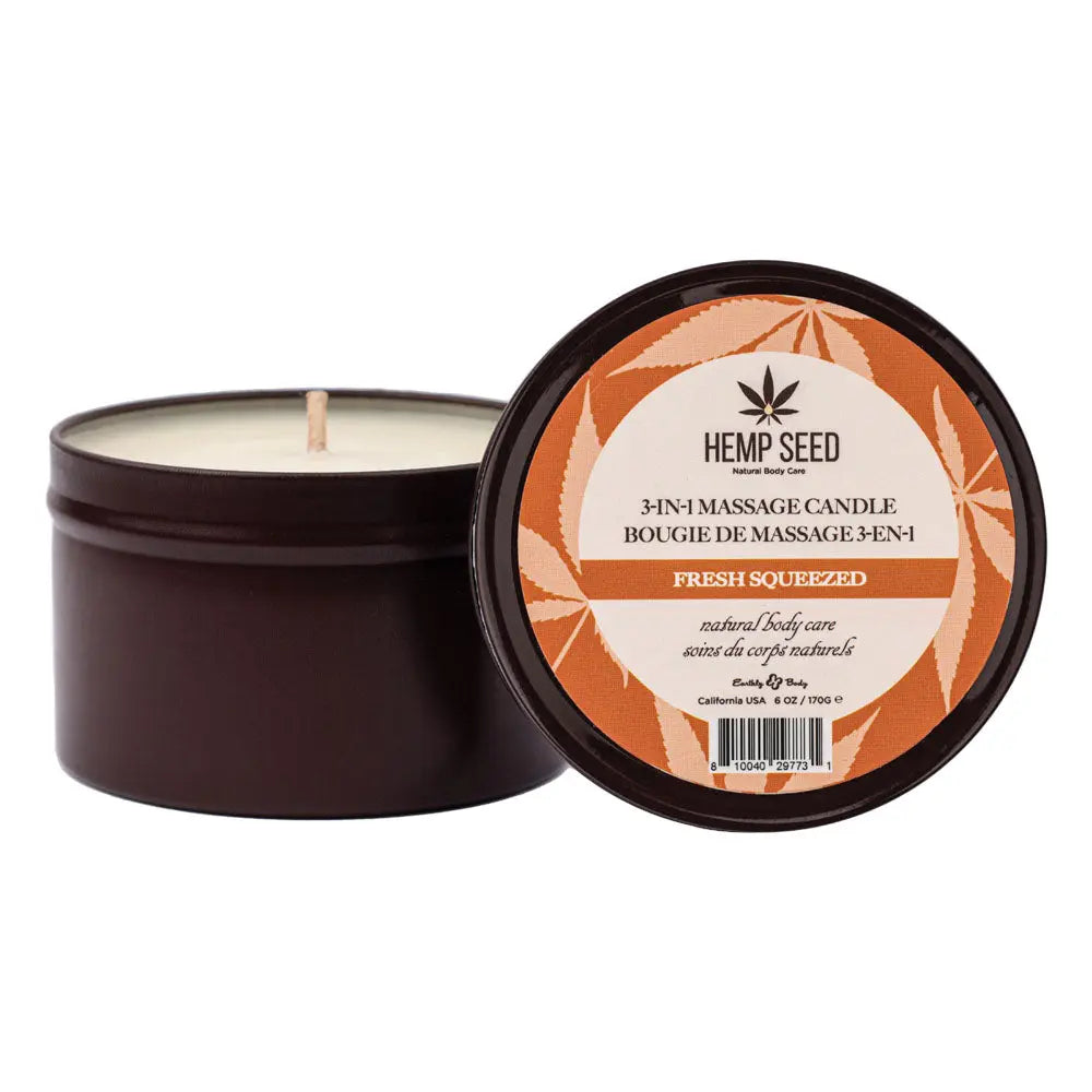 Hemp Seed 3-In-1 Massage Candle - Fresh Squeezed (Bitter Orange, Juicy Peach, Musk) Scented - 170 g Earthly Body Discreet Intimate Essentials.