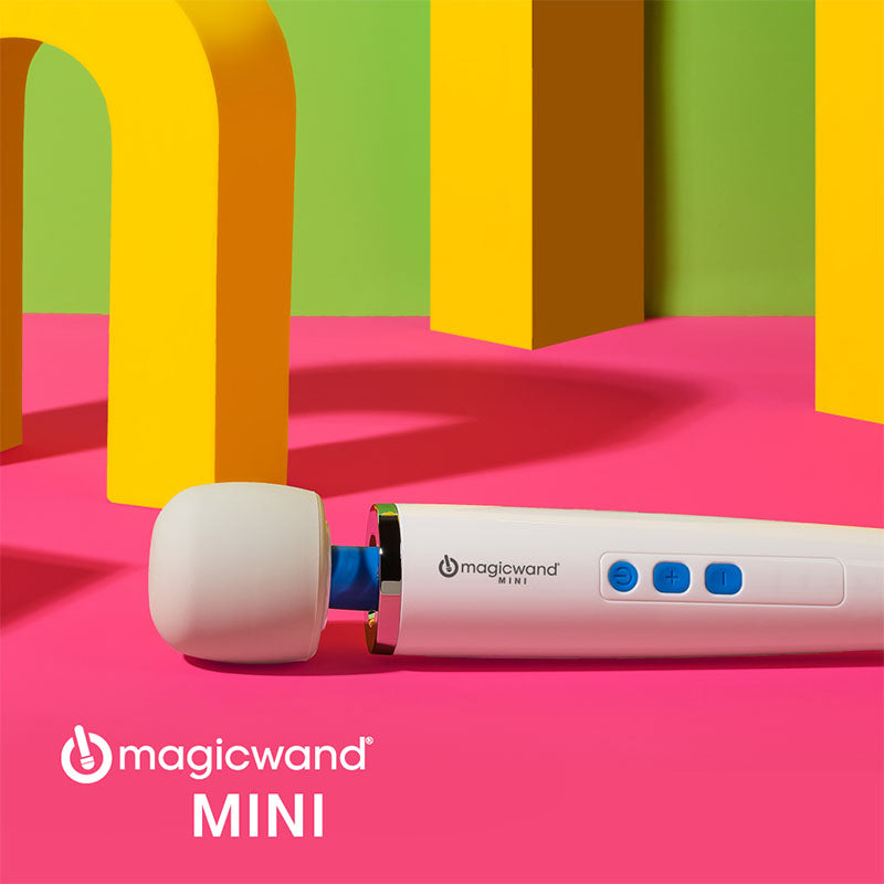 Magic Wand Mini -  Rechargeable Massage Wand on a colorful background, showcasing its sleek design and features.
